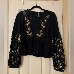 Anthropologie Black and Gold Embellished Peplum top